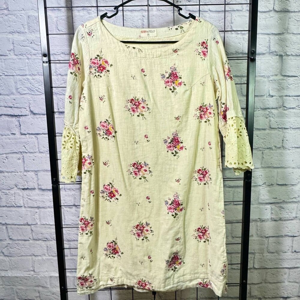 Bombay Paisley Cream Floral Dress w/ Eyelet Bell Sleeves - Size M